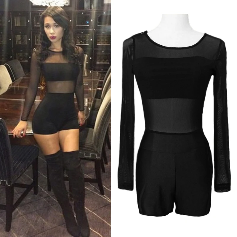 

Womens Jumpsuit 2019 Autumn Sexy Rompers Mesh Lace O Neck Long Sleeve Bodycon Short Overalls Bodysuit Outfits female Dungarees