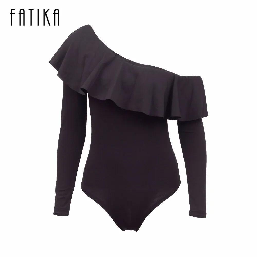

FATIKA 2017 New Women Long Sleeve Spring Autumn Bodysuit Sexy One Shoulder Bodycon Jumpsuit With Ruffles Casual Rompers Playsuit