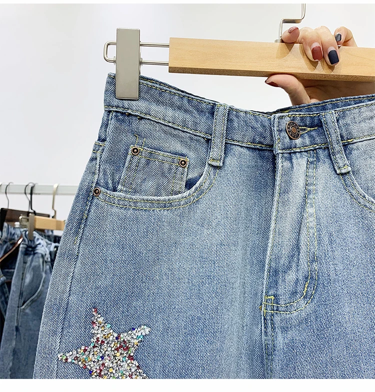 Мода сезон: весна–лето корейский стиль Для женщин Мода блестками Star джинсовые брюки женские джинсы A915