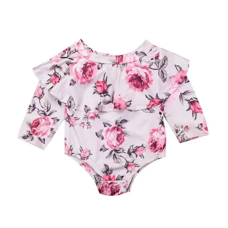 Новая мода с открытыми плечами для маленьких девочек Демисезонный оборками с длинным рукавом комбинезон хлопок комплекты одежды для новорожденных Одежда 0-24 м - Цвет: Floral