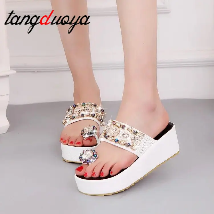 

Summer Women Wedges Platform Slippers Slides Fashion Crystals Sandals Rhinestones Beach Flip Flops Black White wedge slippers