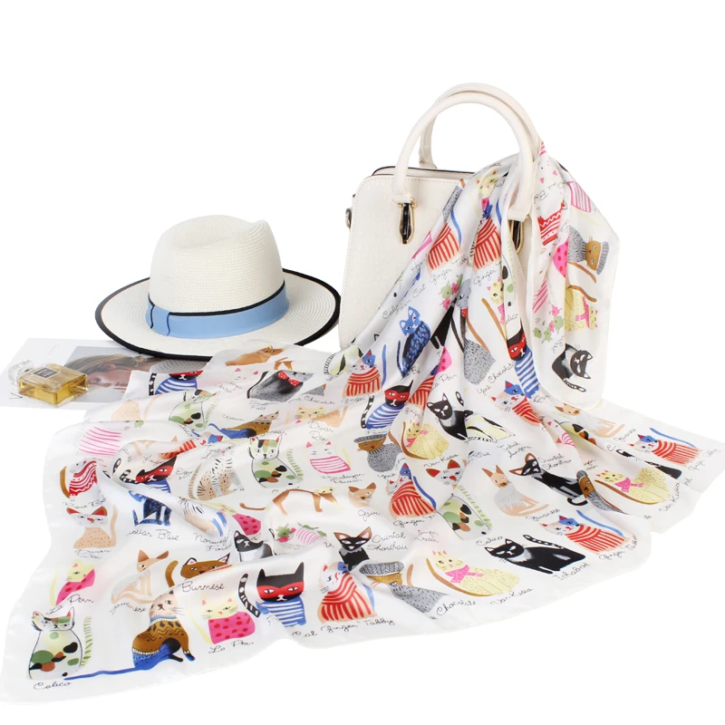 satin silk scarf for women size 90cm*90cm large square silk scarves cute cat print wraps head