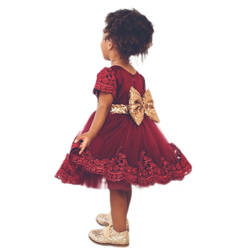 Kids Girls Lace Dress Sequins New Years Baby Clothing Bow Pleated Ball