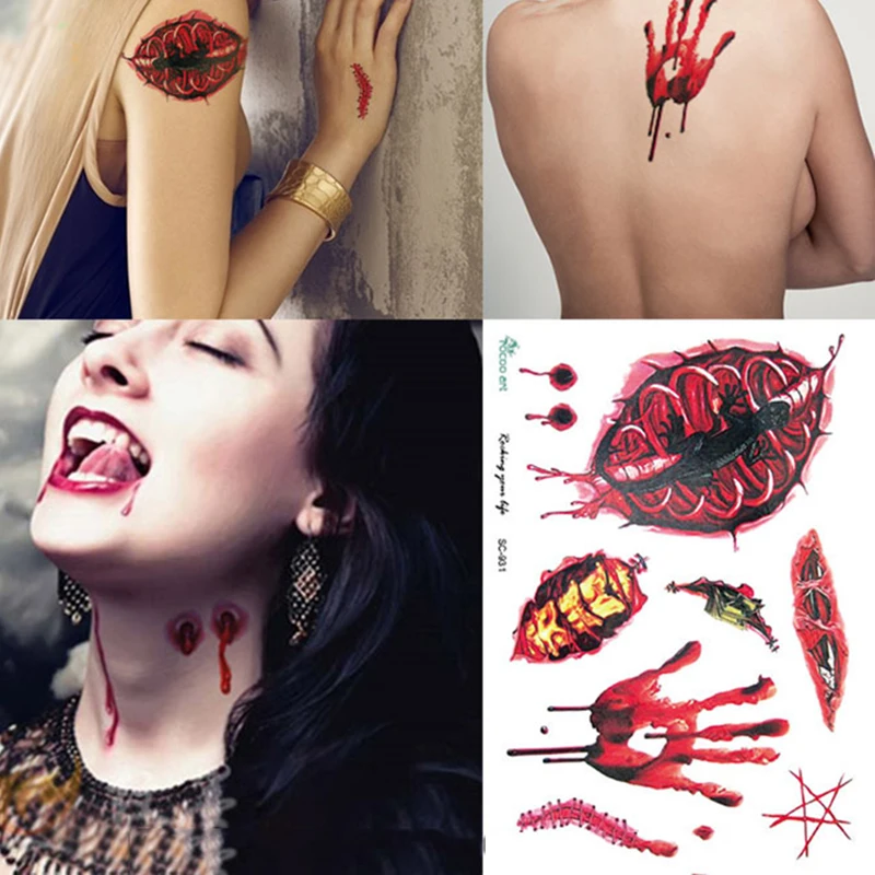 

ATOMUS 1pc Temporary Injuries Halloween Party Lifelike No Harm Tattoo Sticker Terror Realistic Bloody Wound Rot Horrifying