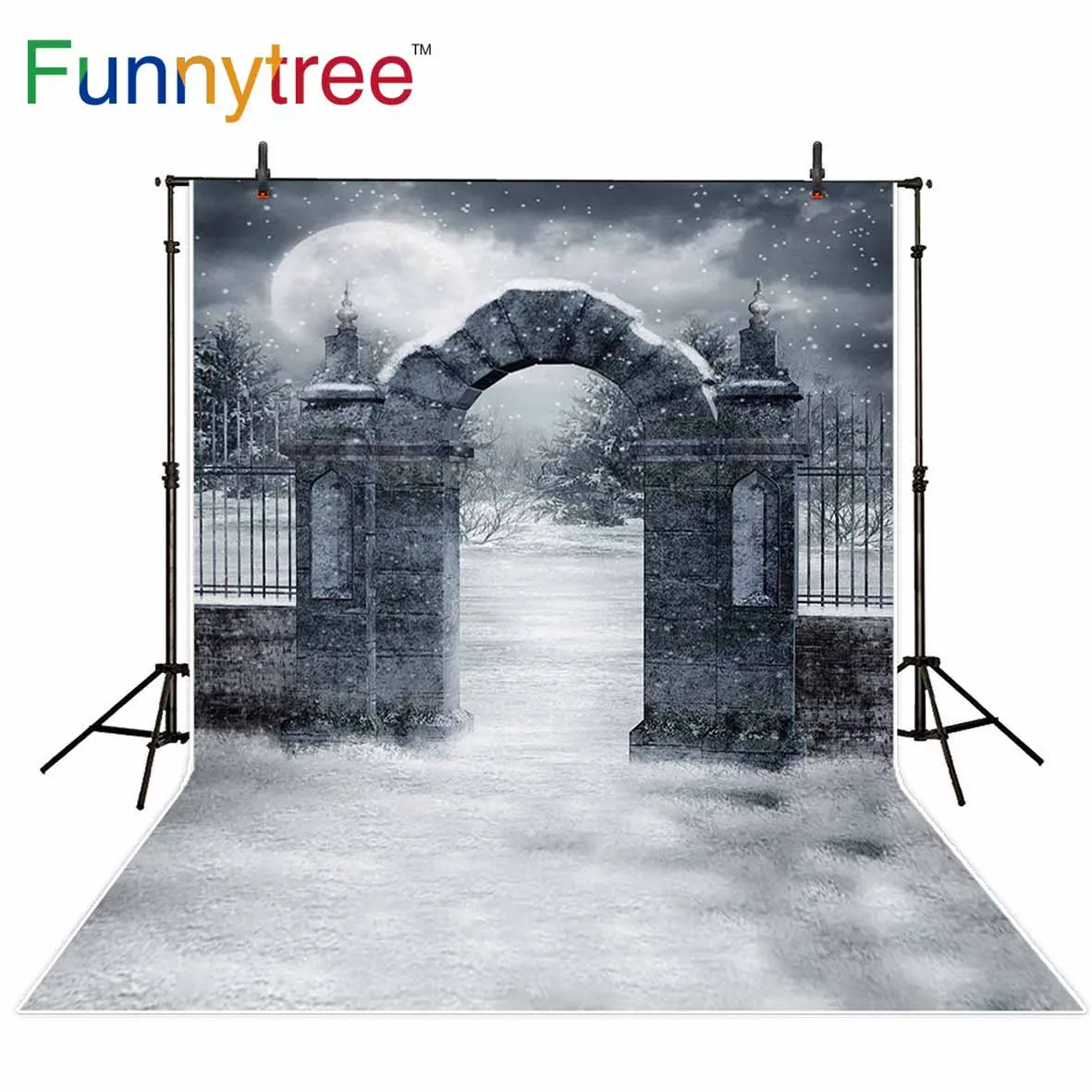Фон Funnytree для фотостудии Хэллоуин зима снег ворота винтажный Луна волшебный фон