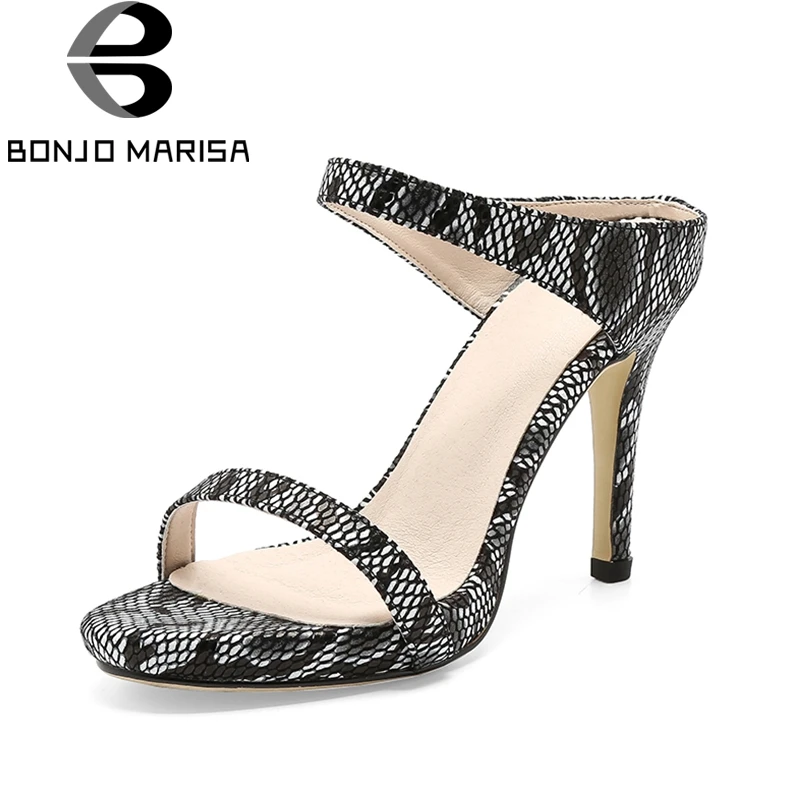 BONJOMARISA 2018 Natural Cow Genuine Leather Snake Print High Heels Summer Mules Pumps Woman Shoes Sexy Party Women Shoes bonjomarisa 2018 summer brand sexy women mules print patent leather pumps crystal high heels party wedding shoes woman