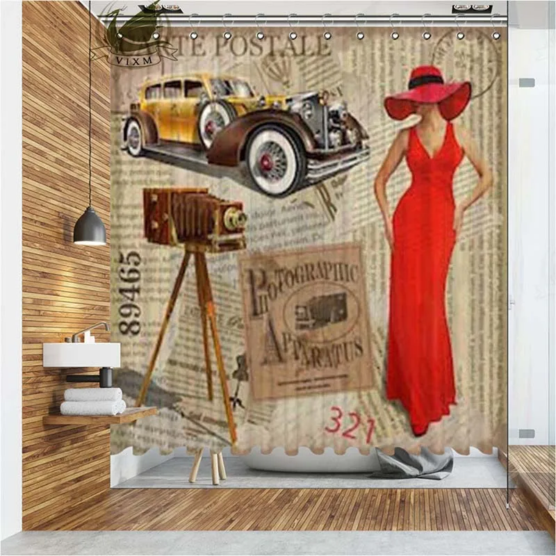 

Vixm Newspaper Shower Curtains Pretty Women And Retro Car Waterproof Polyester Fabric Bathroom Curtains For Home Decor