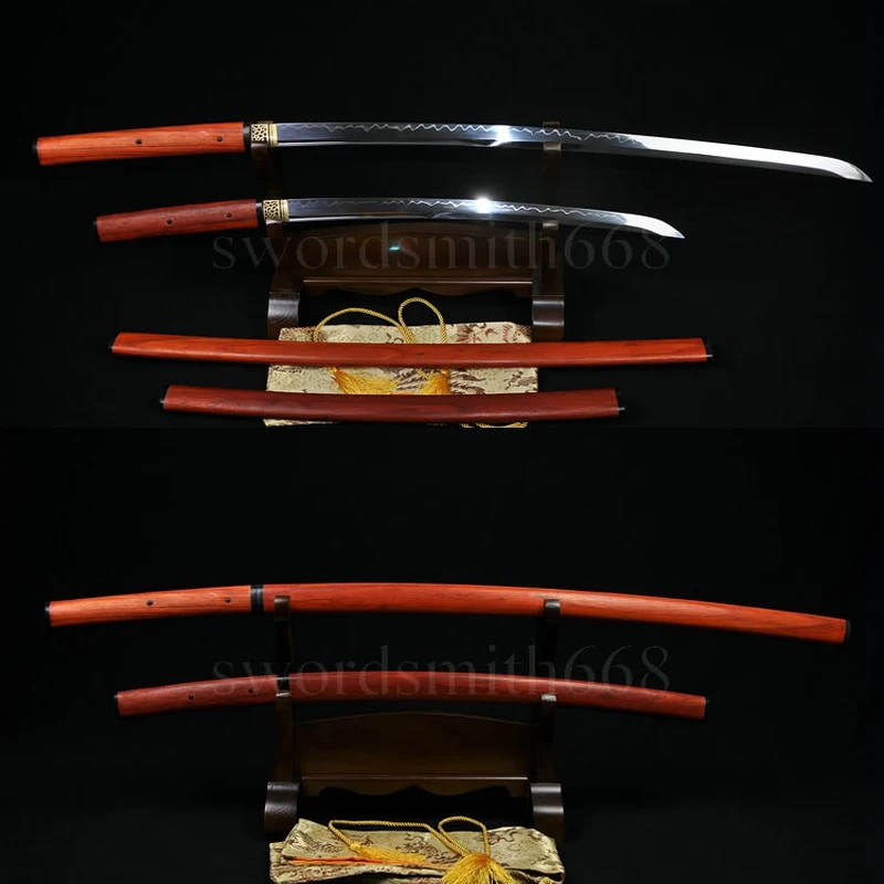 

RED WOODEN JAPANESE SAMURAI SWORD SET (KATANA+WAKIZASHI) 1095 HIGH CARBON CLAY TEMPERED STEEL FULL TANG SHARP BLADE REAL HAMON