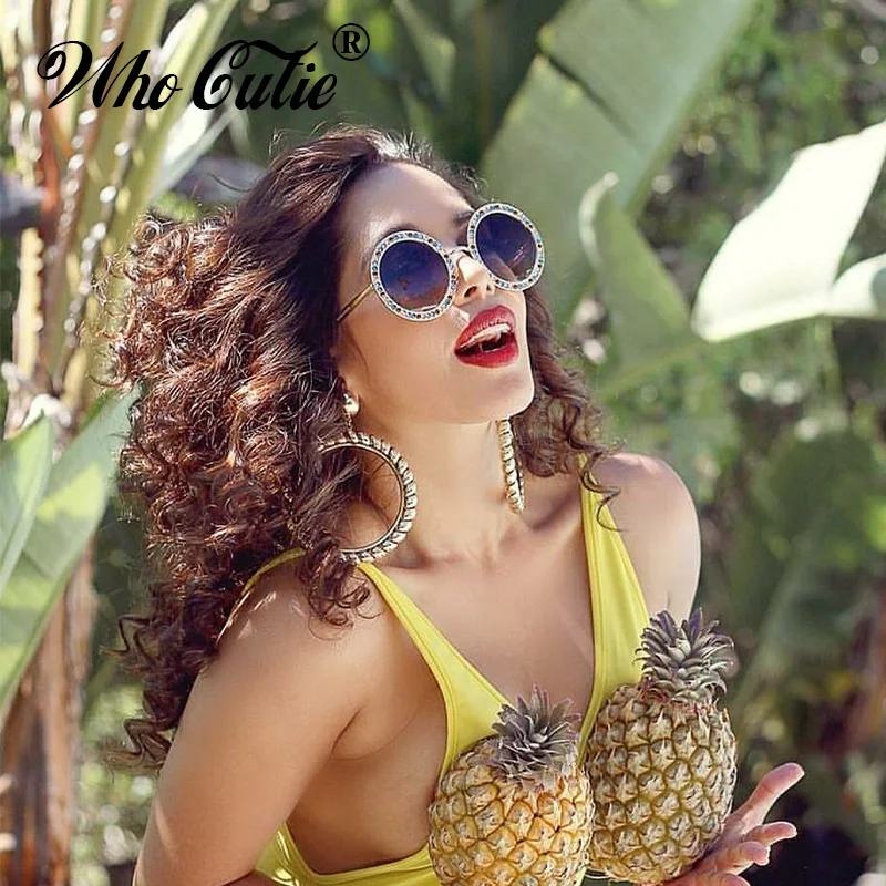 

WHO CUTIE 2018 Vintage Rhinestone Round Sunglasses Women Retro Luxury Crystal Diamond Colorful Circle 80S Sun Glasses Shades 621