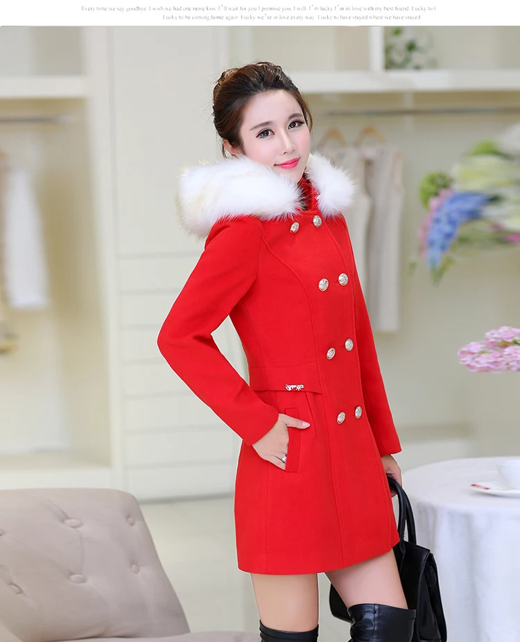 Длинное шерстяное пальто для женщин, зимнее Новое Розовое двубортное пальто с большим меховым воротником и капюшоном, Модное теплое пальто, женская куртка