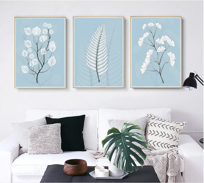 

Modern Fresh Abstract Leaves 3 Pieces Decorative Painting Modular Picture Wall Art Canvas Painting for Living Room No Framed