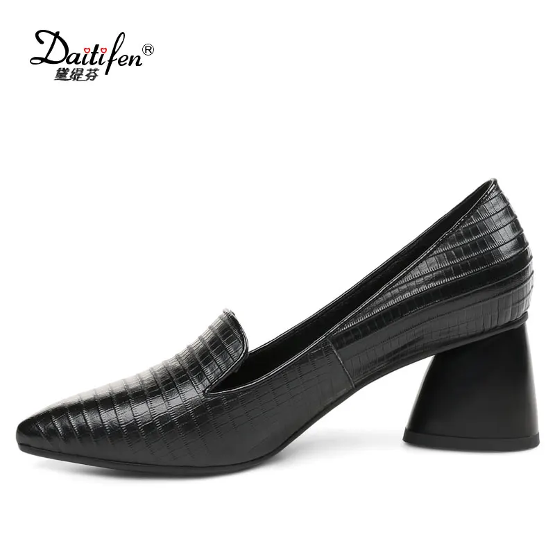 

Daitifen Fashion Single color Slip-on Lady Dress shoes High Block heels Sexy Pointed Toe Shallow women Embossed Sheepskin Pumps