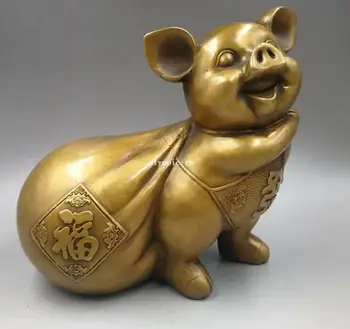 

8'' copper carved home fengshui auspicious good fortune treasure pig statue