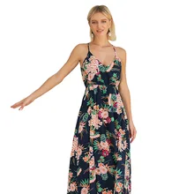 

2018 Summer Bohemia Sytle A Line With Printing Beach Dress V-neck Sleeveless Maxi Dresses