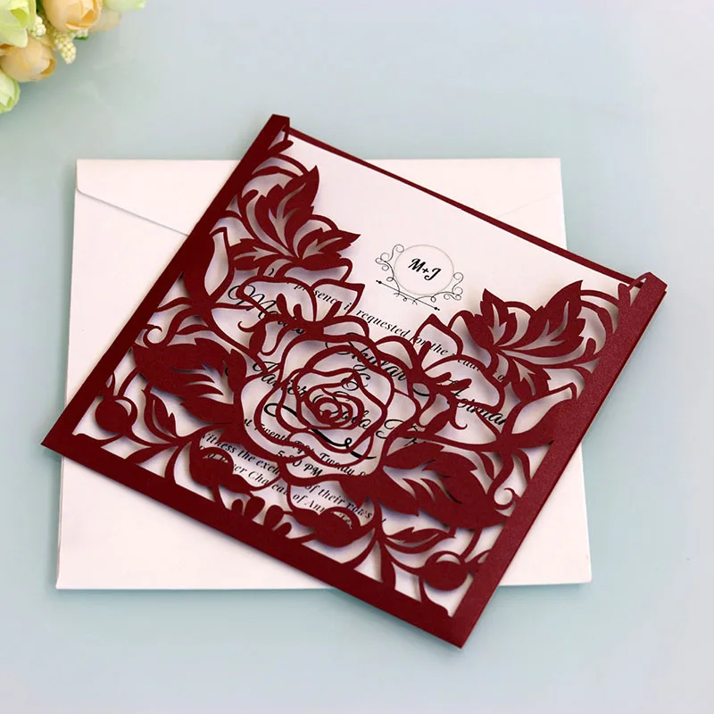 50 шт., элегантные кружевные карманные свадебные приглашения, квадратные Розовые цветы, Настраиваемые поздравительные открытки, свадебные украшения