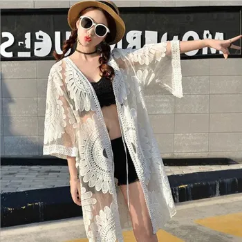 

Sexy Hollow Crochet Beach Coat Loose Cover Up 3/4 Sleeve Lace Coat Women White Tunic Summer Beachwear