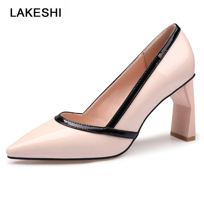 

Fashion Simple High Heel Shoes Women Pumps Square Heel Shallow Shoes Patent Leather Sexy Pointed Toe Shoes Woman
