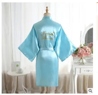 Шелковый Атласный Свадебный халат для невесты, Одноцветный халат, Короткое Кимоно, халат, ночной халат, банный халат, модный халат для женщин - Цвет: Light blue Maid of H