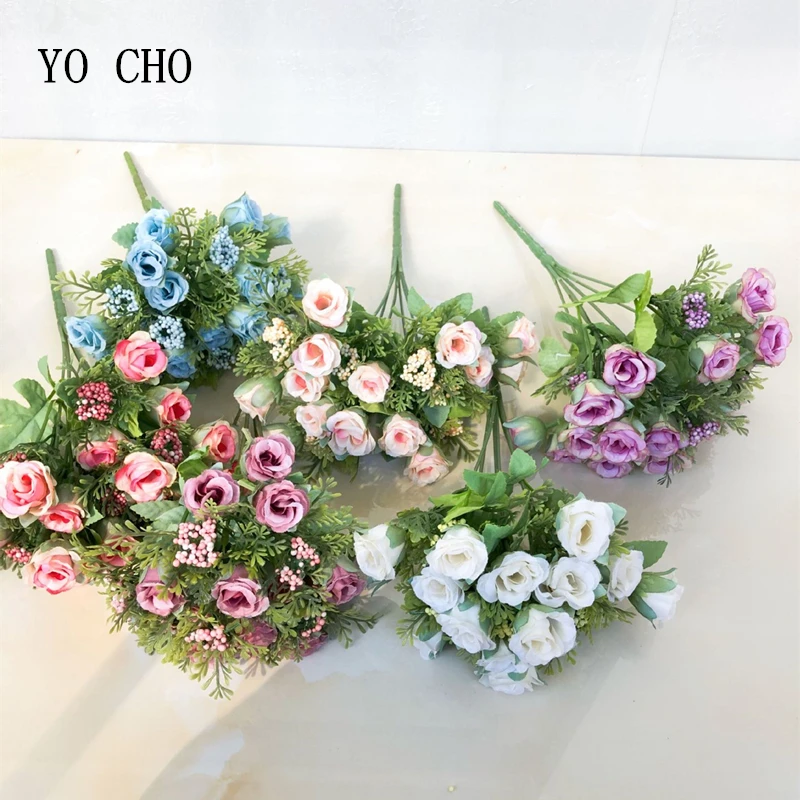 YO CHO 15heads Silk Tea Roses Flower Bride Bouquet for Christmas Home Wedding New Year Decoration Fake Plants Artificial Flowers