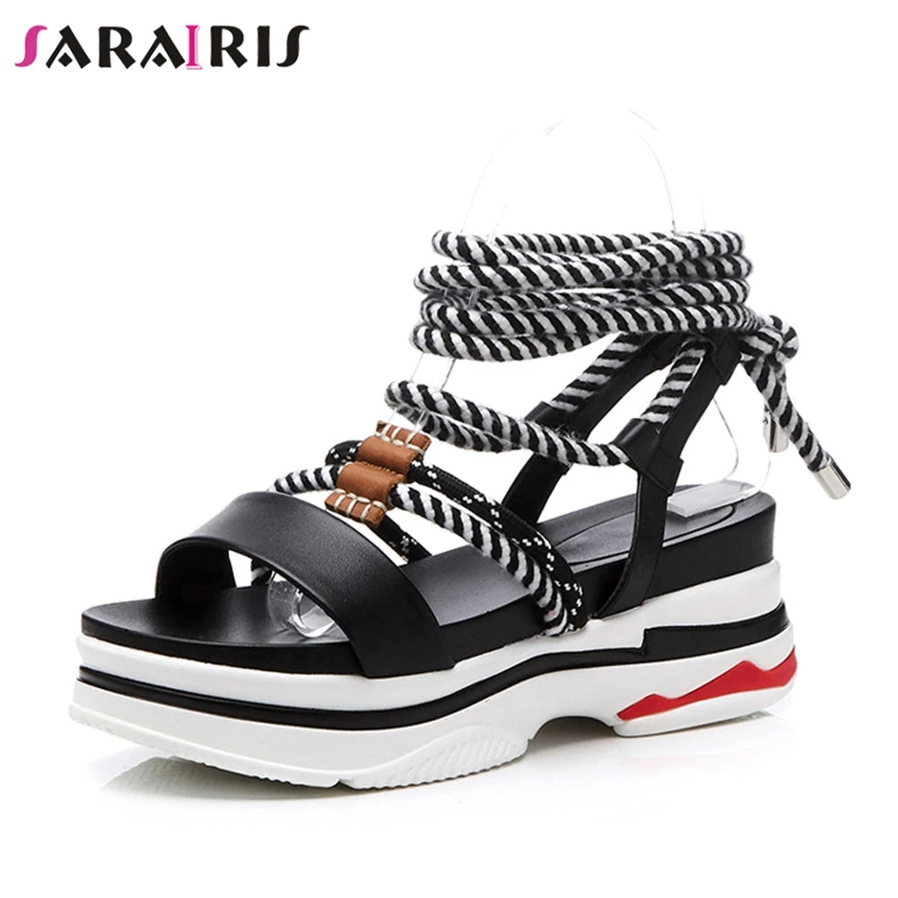

SARAIRIS Brand New INS Hot 33-40 Summer Sandals Genuine Leather Lace Up Ladies High Heels Platform Shoes Woman Casual Sandals