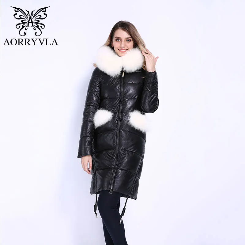 AORRYVLA 2018 جديد أزياء المرأة سميكة الشتاء كم كاملة ريال فوكس الفراء مقنعين معطف طويل الإناث بو سترات من الجلد جيدة جودة