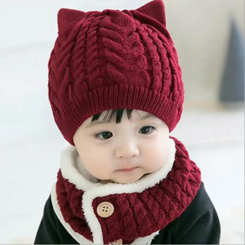 Теплое изделие для детей вязанное крючком шапка шарф комплект зима милый кошачьи ушки для маленьких девочек шапка капот дети шапка бини для мальчиков и девочек