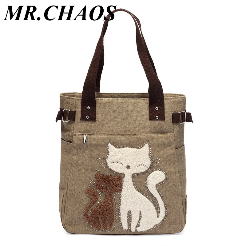 

Cute Cat Print Canvas Bag Women Flowers Handbags Large Capacity Female Shoulder Bags Single Shopping Bag Casual Beach Bag
