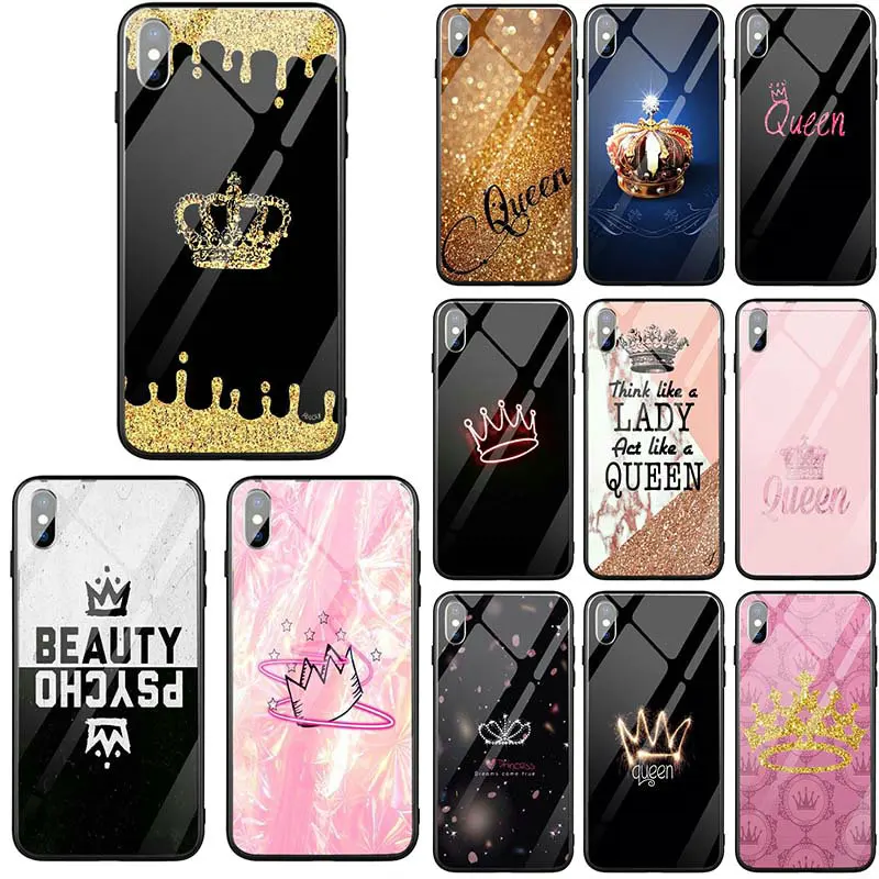buy Queen Crown King Princess Tempered Glass Mobile Phone Cases Cover for iPhone 5 5S SE 8 7 6 6S Plus X XR XS Max 10 Coque Bags