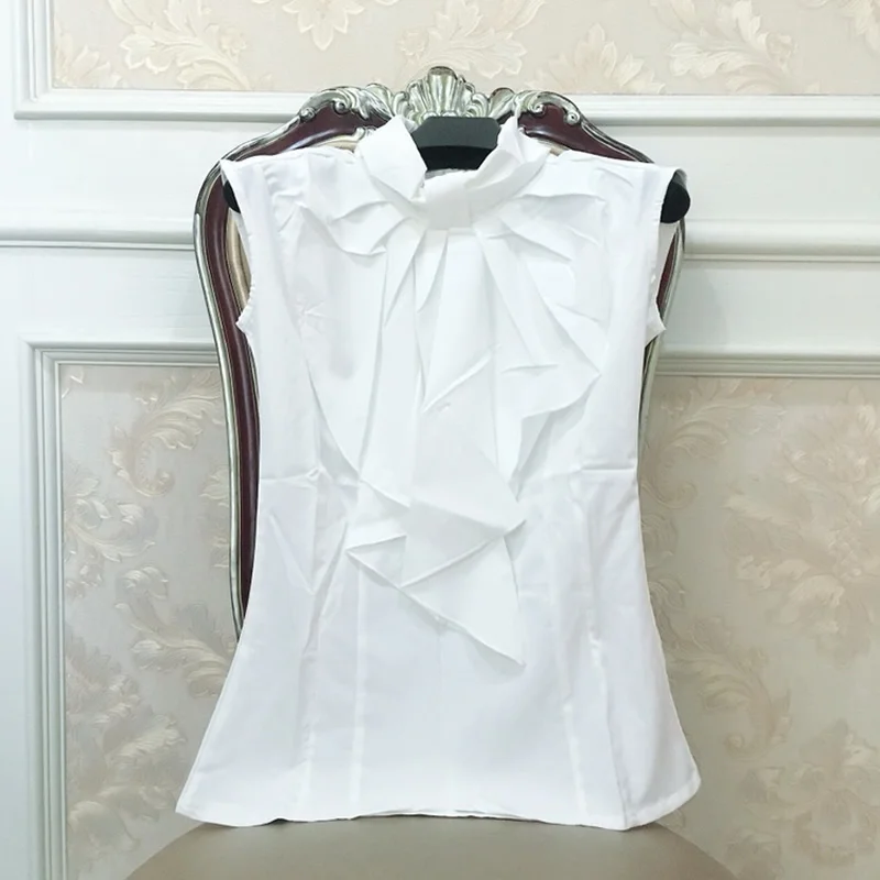 

Summer Sleeveless Ruffles Stand Neck White Solid Slim Brief Office Blouse Shirt