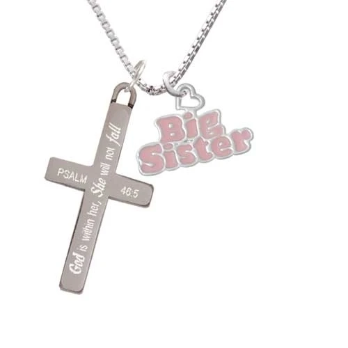 Pink ''Big Sister'' with Heart - She will not Fall - Cross Necklace (1)