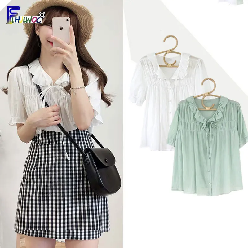 

Summer Cute Tops Woman Korea Japan Preppy Style Girls White Green Bow Ribbon Tie Top Blouse Shirt blusas femininas 7310