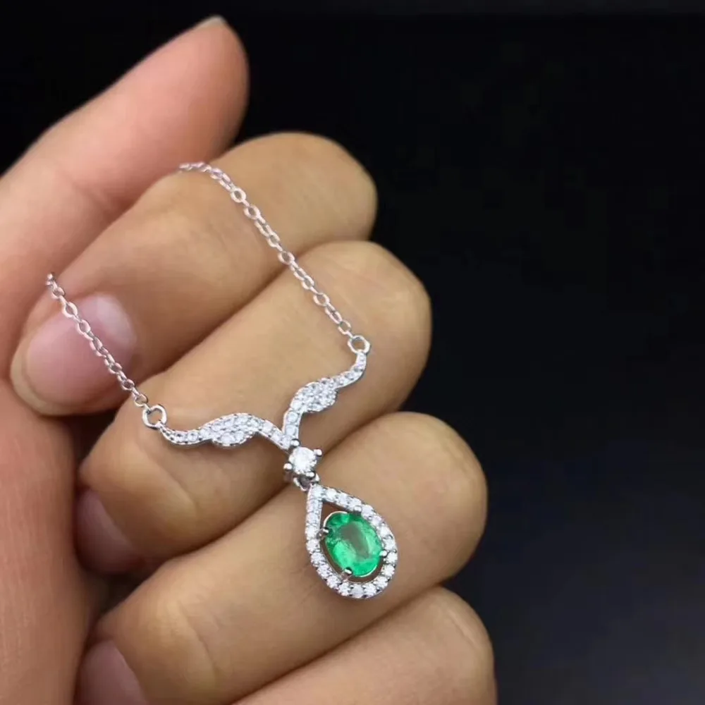 Collier pendentif émeraude verte naturelle en argent S925 pierres précieuses naturelles élégant col