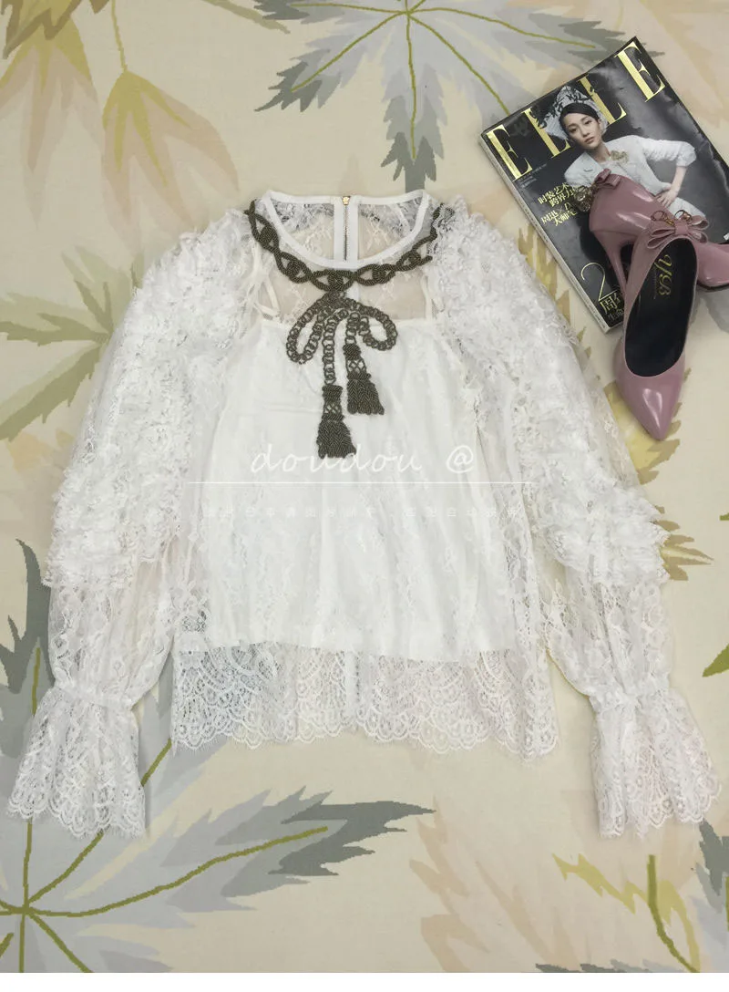 Роскошная брендовая летняя кружевная рубашка, женская модная длинная блуза с пышными рукавами на молнии, прозрачный топ, элегантная винтажная блуза с бантом и бисером