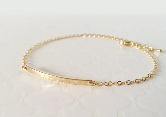 

Summer Style Hand Stamped Custom Name Plate Thin Gold Bar Bracelet,Dainty Initial Charm Word Bracelet,Pulseira Keepsake Jewelry