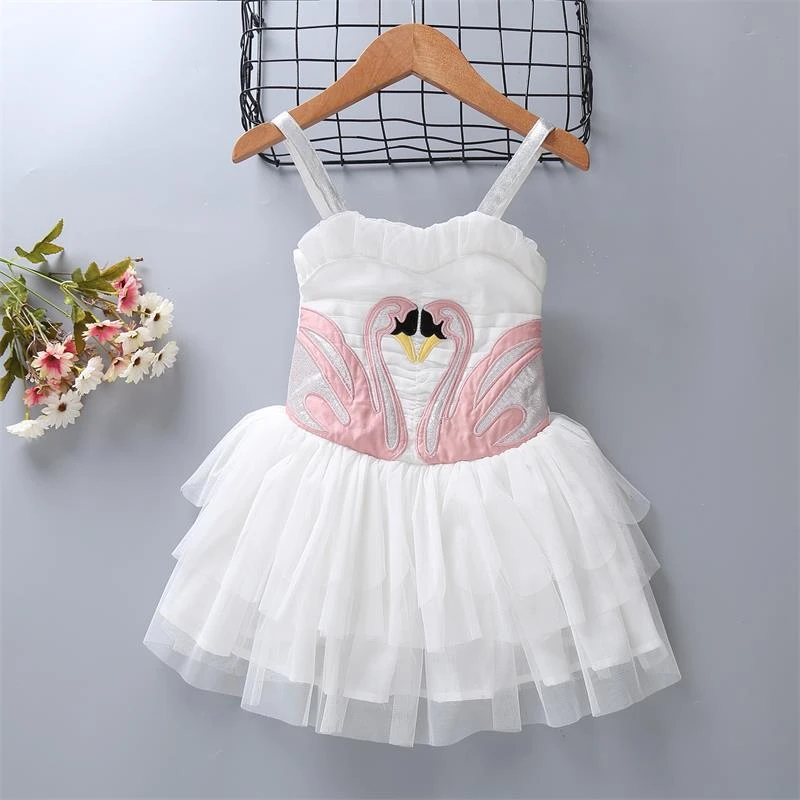 Christmas Girls Swan Flamingo Wings Dress Children White Princess Dress for Wedding Kids Embroidered Tulle Ballet Tutu Dress