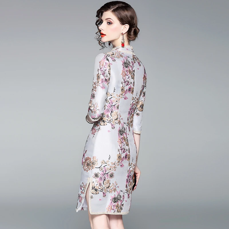 Розовый тонкий Cheongsam Весна повседневное Vestidos женское вечернее платье по колено