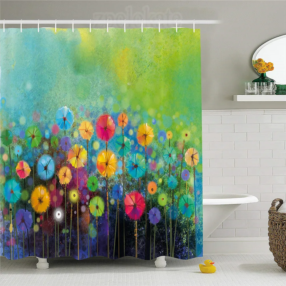 

Watercolor Flower Home Decor Shower Curtain Dandelions Featured Garden Made with Brushstrokes Toned Landscape Fabric Bathroom