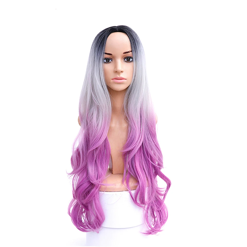 

Allaosify Synthetic Ombre Wigs Pink Gray Purple Wigs for Women Heat Resistant Hair Extensions 32" Long Wavy Female Cosplay Wigs