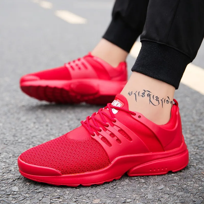

Red White Athletic Running Shoes for Men Breathable Mesh Cloth Flying Woven Sneakers Men Outdoor Sports Jogging Walking Shoes