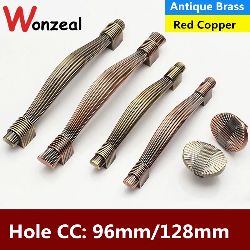 Hole CCsingle hole/96mm/128mm Red copper or Antique Brass Zinc Alloy Kitchen Furniture cabinet Handle bedroom drawer pulls knobs