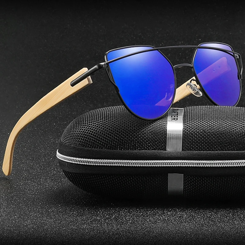 

LongKeeper Cateye Sunglasses Women Brand Designer LensOculos Lady Metal Frame Bamboo Wood Legs Vacation Goggles UV400