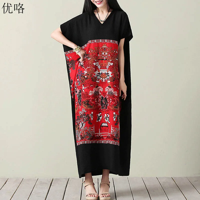

Plus Size Women Robe Dress Vintage Summer Sundress Cotton Ethnic Printed Big Swing Maxi Dress Big Size 5XL 6XL 7XL Long Dresses