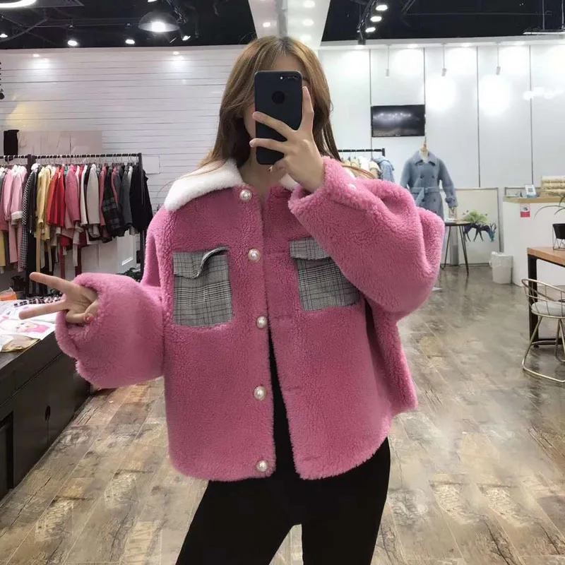 

Plus size sheep fur coat female winter 2019 new jacket short style Pearl buttons and Cloth bag overcoat turn-down collar
