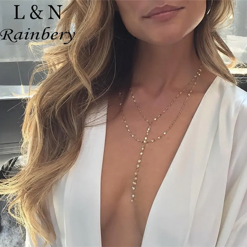 Rainbery сексуальное ожерелье Лариат с двойной нитью, многослойное ожерелье, золото, Y, Длинная кисточка, Daint, ювелирное изделие, колье, Femme Bijoux