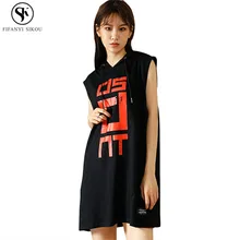 Harajuku Хип-хоп с капюшоном без рукавов топы летние длинные футболка женские свободные Большие размеры мода уличная футболка женский тренд LGP441