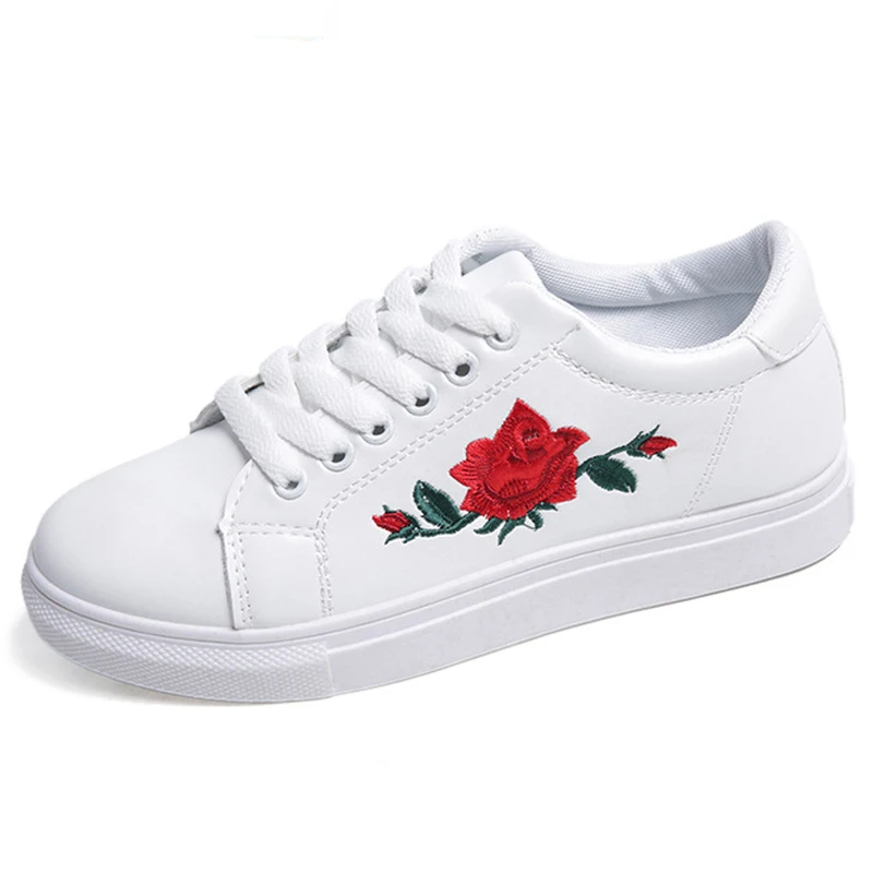 

Autumn Casual Shoes Woman PU Leather Spring Women Shoes Embroidery Rose Ladies Shoes Flat Platform Sneakers zapatos de mujer