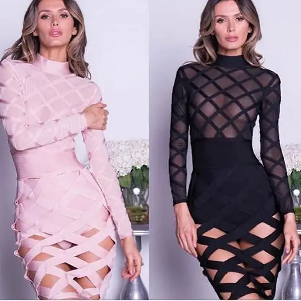 Сексуальный стиль, однотонный цвет женский, черный розовый полые рельефная; длинный рукав; платье для особых случаев Коктейльная вечеринка Bodycon платья повязки