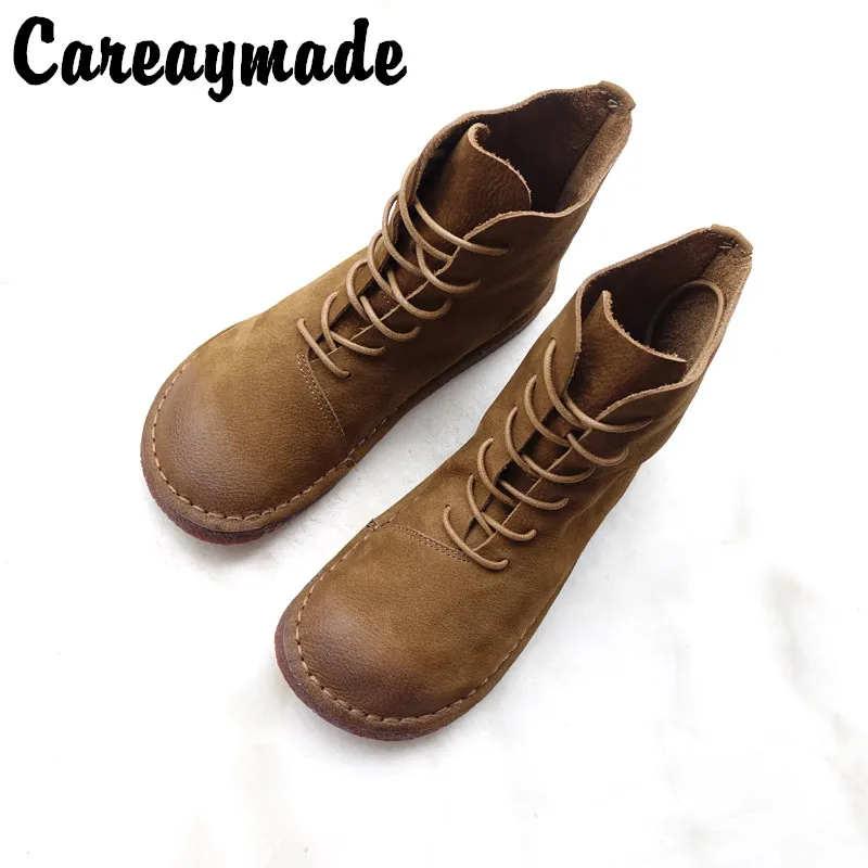 Careaymade/ботинки для отдыха из натуральной воловьей кожи в стиле ретро; высококачественные сапоги на плоской подошве с круглым носком на шнуровке