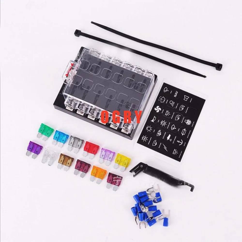 

12 Way ATC ATO Auto Blade Fuse Box Holder+Sticker+10 pcs Medium Fuse+Fuse Puller+10 Connectors