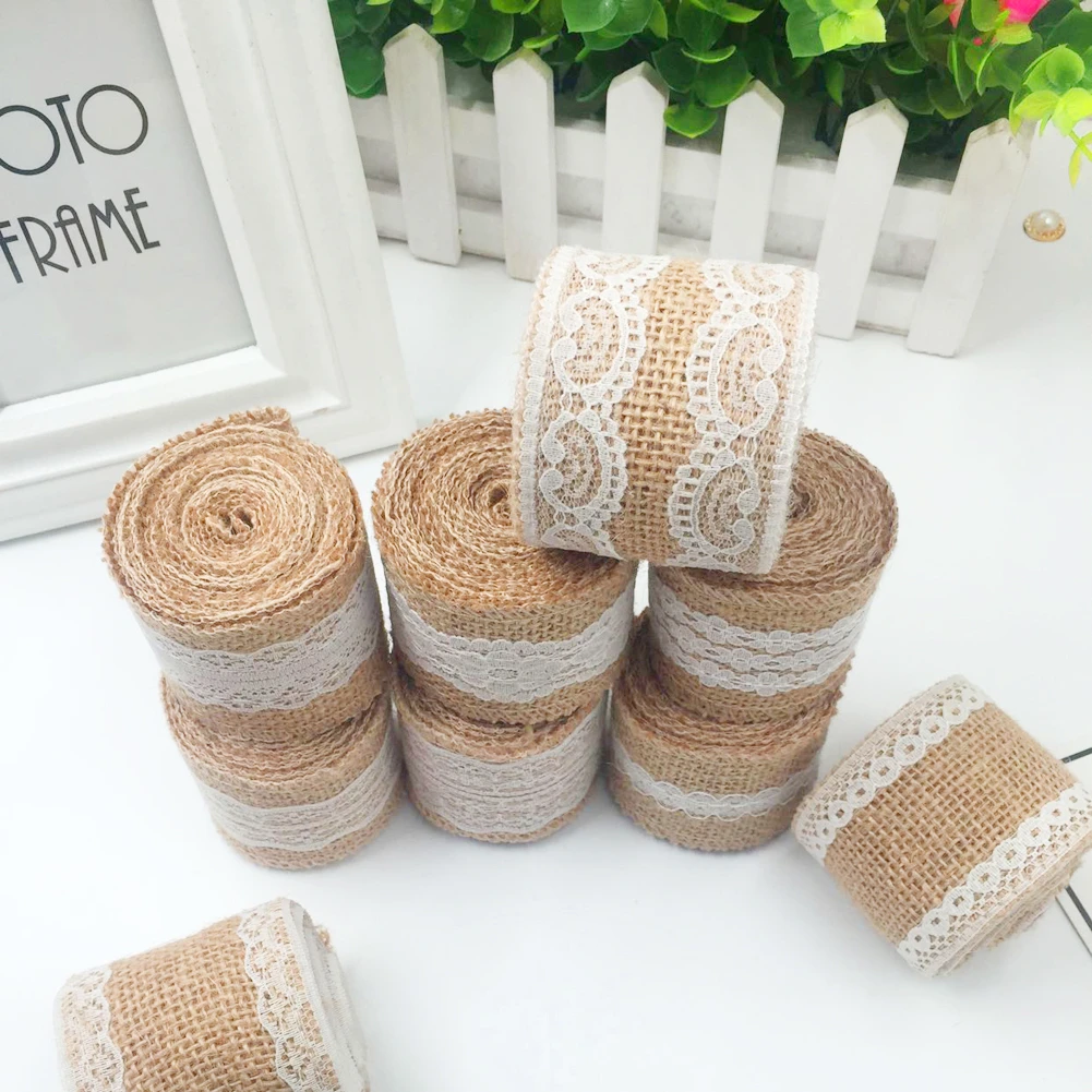 

1M Natural Jute Burlap Hessian Lace Ribbon with White Lace Trim Edge Rustic Vintage Wedding Centerpieces DIY Decor